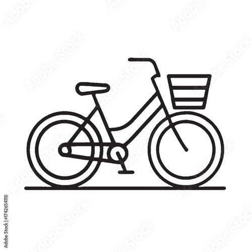 Simple line art illustration of a bicycle with a front basket