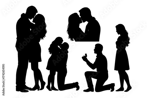 A series of silhouettes of people kissing and hugging, with one man kneeling down and giving a ring to a woman. Vector. Silhouette illustration.