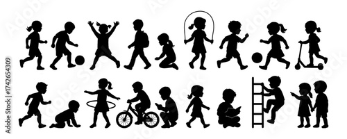 A series of children playing in a park. Some are riding bikes, others are playing with balls, and one is jumping rope. Vector silhouette.