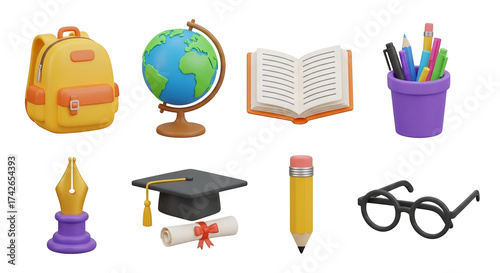 3d icon of collection of school supplies, including a backpack, globe, open book, pens, fountain pen, graduation cap with diploma, pencil, and glasses, isolated on transparent background