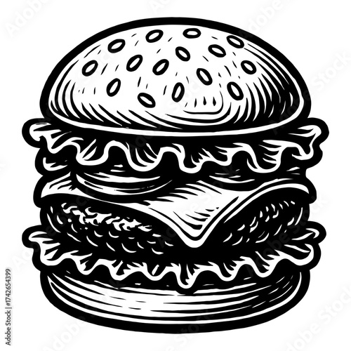 A black and white drawing of a hamburger with lettuce and cheese. The burger is large and has a lot of toppings. Vector. Silhouette illustration.