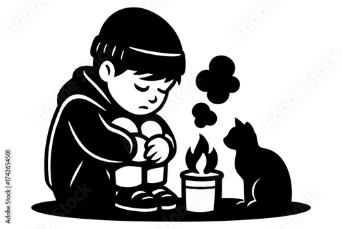 A boy is sitting on the ground with a candle in front of him. The candle is lit and the boy is looking at it. Vector. Silhouette illustration.