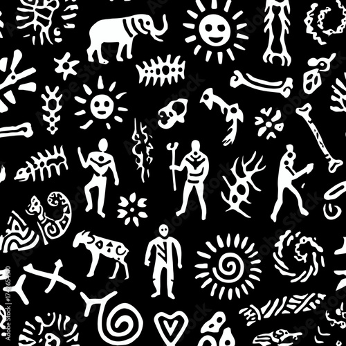 Seamless primitive ancient cave art style pattern with tribal human figures, animals, and sun symbols on a black background.