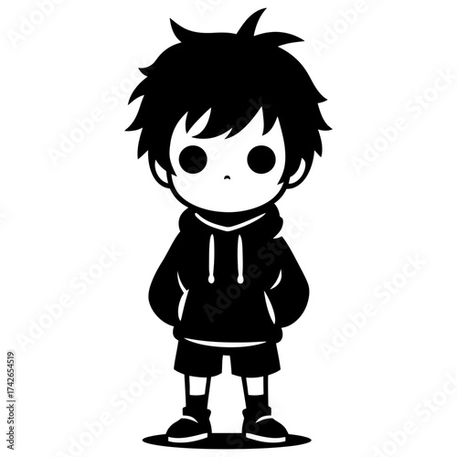 A cartoon boy with a hoodie on and a black background. The boy is looking at the camera with a blank expression. Vector. Silhouette illustration.