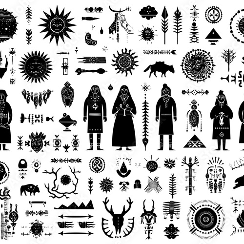 Ancient Tribal Folk Art Vector Set: Primitive Spiritual Symbols, Ethnic Silhouettes of People, Animals, Nature Elements, Mystic Design Collection