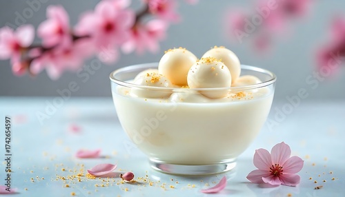 Ras Malai isolated in a transparent bowl, soft cheese balls soaked in sweet milk cream