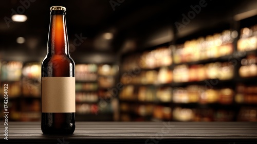 Blank craft beer bottle on sleek liquor store shelf