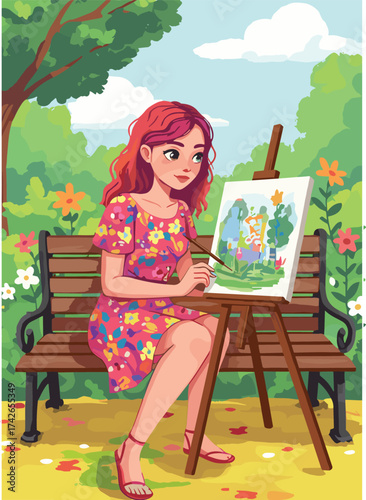 Cartoon woman painting, outdoor art scene, floral dress character, nature inspiration, peaceful moment, creative expression, scenic landscape creation
