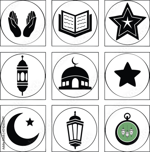Islamic cultural symbols collection mosque crescent star lanterns and holy book icons for religious use