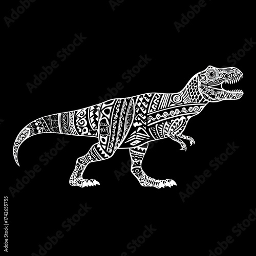 Artistic white T-Rex dinosaur illustration with intricate tribal patterns on a black background. Detailed prehistoric animal design.