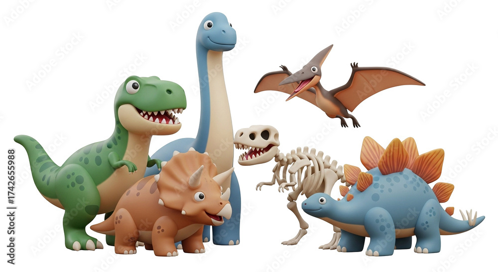 Fototapeta premium 3d icon of a playful group of cartoon dinosaurs, including a tyrannosaurus rex, brontosaurus, triceratops, pterodactyl, stegosaurus, and a dinosaur skeleton, isolated on transparent background