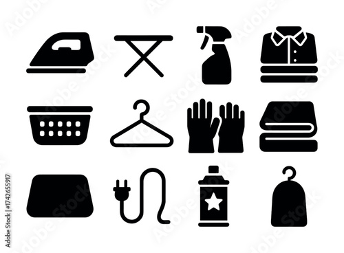 Vector Laundry and ironing icons: iron, board, spray, clothing, basket, hanger, gloves, folded towels