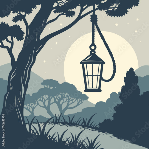 A lantern hangs from a tree branch in a dark, mysterious forest scene