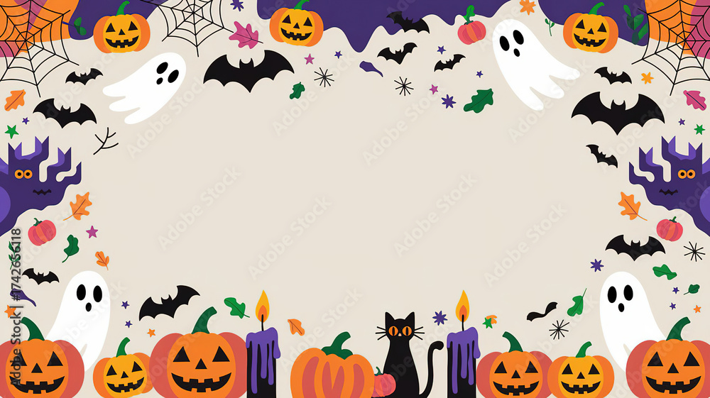 Naklejka premium Halloween background displays cheerful illustrations of pumpkins, friendly ghosts, and spider webs surrounding a plain light background with ample copy space.