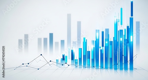 Abstract 3d bar graph with upward trend and data points on a white background
