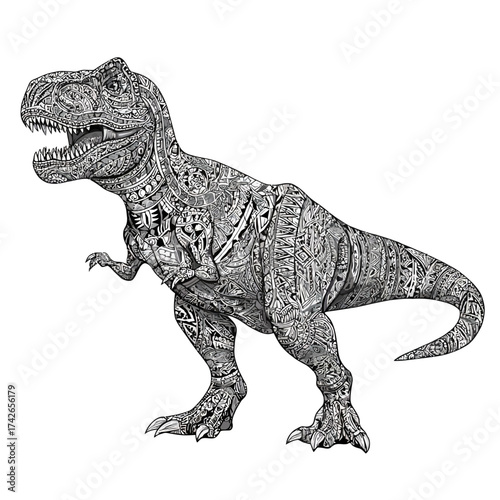 Highly detailed black and white illustration of a Tyrannosaurus Rex, rendered with intricate ornamental patterns and tribal motifs, isolated on white.