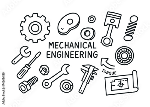 Vector Mechanical engineering tools and components illustration