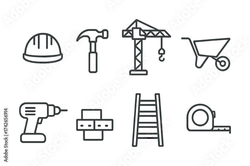 Vector Construction tools icons: hard hat, hammer, crane, wheelbarrow, drill, beam, ladder, tape measure