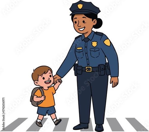 Police officer, child, crosswalk, safety, trust, community, helping, street, uniform, backpack, guidance, protection, traffic, urban, caring, law enforcement, pedestrian, school, morning, support
