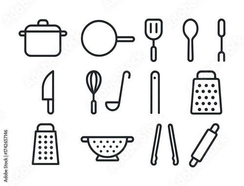 Vector Simple line art kitchen utensils vector set with pots, pans, graters, and more