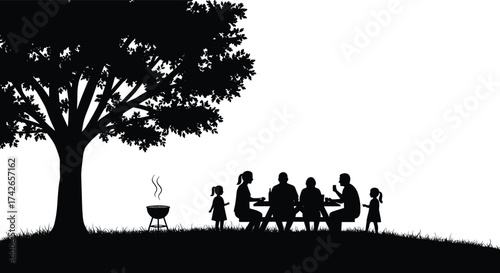 Family picnic silhouette under large tree with children and adults enjoying outdoor barbecue meal together in summer park vector illustration