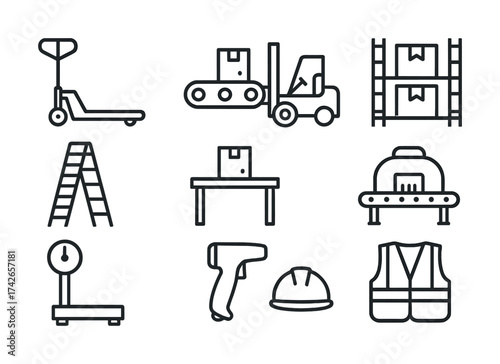 Vector Warehouse equipment icons: conveyor belt, forklift, ladder, and more