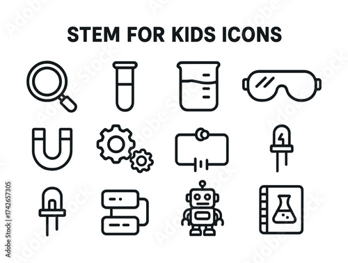 Vector Stem icons for kids: magnifying glass, test tube, robot, gear, safety goggles