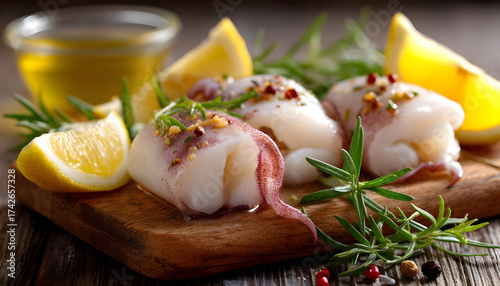 Pieces of raw squids with lemon on wooden table, closeup