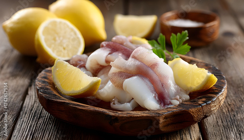 Pieces of raw squids with lemon on wooden table, closeup