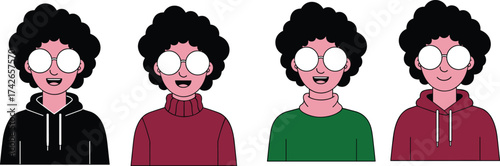 Cartoon character, curly hair, round glasses, hoodie style, turtleneck fashion, diverse outfits, expressive poses, casual look, fashion variation, design set