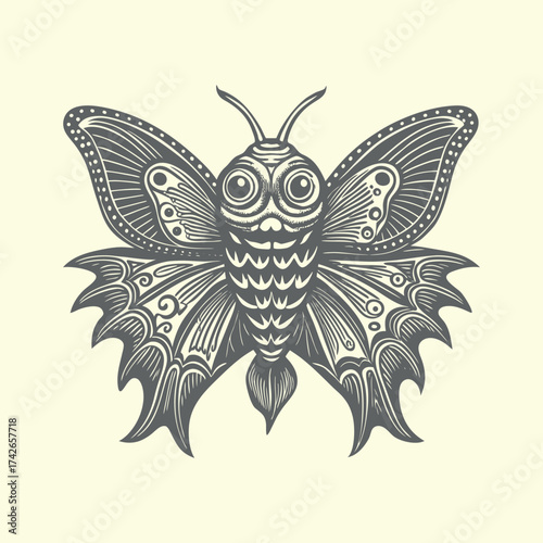Highly detailed engraving of a moth with an occult mask-like face, vintage woodcut style insect illustration.

