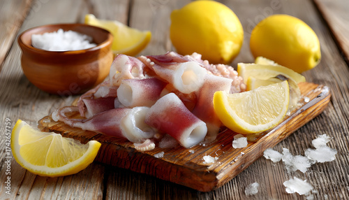 Pieces of raw squids with lemon on wooden table, closeup