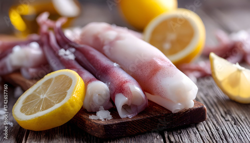Pieces of raw squids with lemon on wooden table, closeup