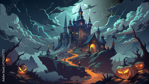 A spooky Halloween scene featuring a haunted castle, glowing pumpkins, bats, and a mystical, eerie atmosphere under a full moon.