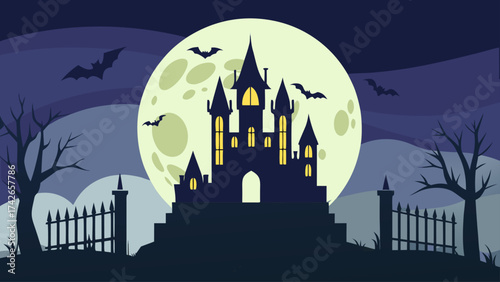 Spooky Halloween night scene featuring a dark castle silhouette against a large full moon, with bats flying and bare trees. Perfect for seasonal decorations and themes.