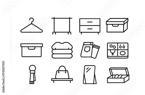 Vector Wardrobe icons: hanger, rack, drawer, box, clothes, books, accessories