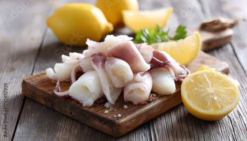 Pieces of raw squids with lemon on wooden table, closeup