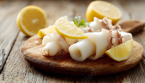 Pieces of raw squids with lemon on wooden table, closeup