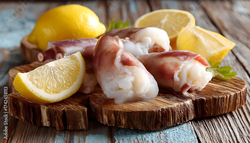 Pieces of raw squids with lemon on wooden table, closeup