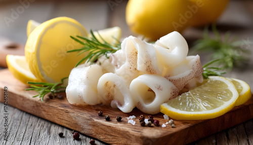 Pieces of raw squids with lemon on wooden table, closeup