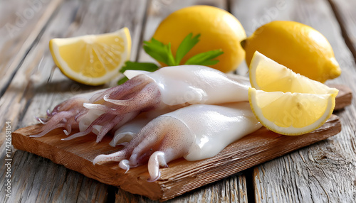 Pieces of raw squids with lemon on wooden table, closeup