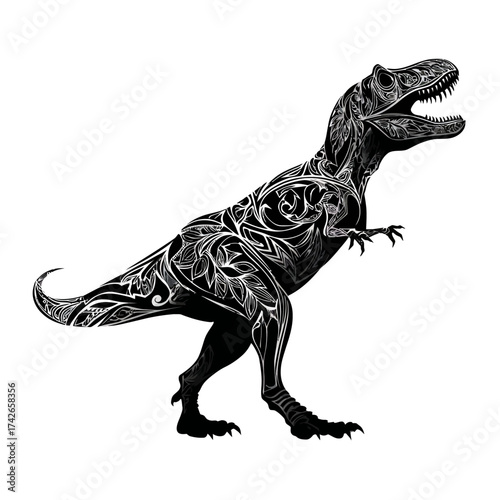 Intricate Black and White Ornamental Tyrannosaurus Rex Illustration. Detailed Stylized Prehistoric Predator Dinosaur Artwork with Swirling Patterns.
