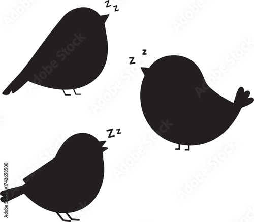 Three cute sleeping birds in silhouette style