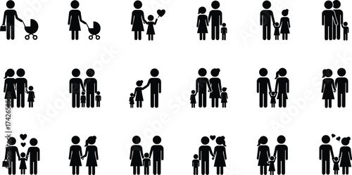 Family relationship stick figure icon set showing parents, children, love, and togetherness concept for parenting, family care, and lifestyle design