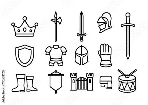 Vector Medieval icon set featuring armor, weapons, helmets, shields, and castle elements
