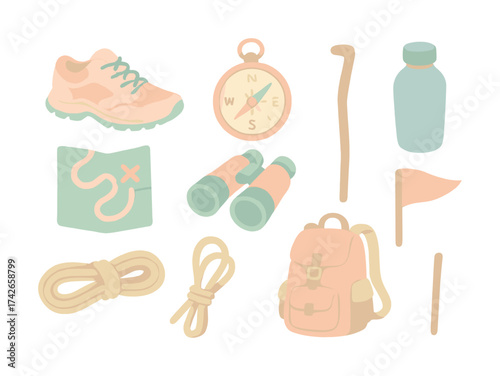 Vector Camping essentials: backpack, compass, shoes, map, binoculars, rope, water bottle, flag