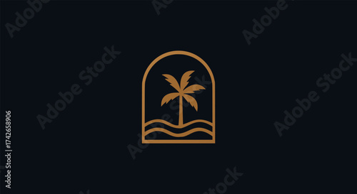 Abstract vector illustration of a beach landscape with a single palm tree and sun, created in a clean, minimal line style for a modern brand identity