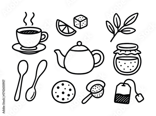 Vector Tea set elements: teapot, cup, lemon, sugar cube, spooons, biscuit, tea bag, herb, jam jar