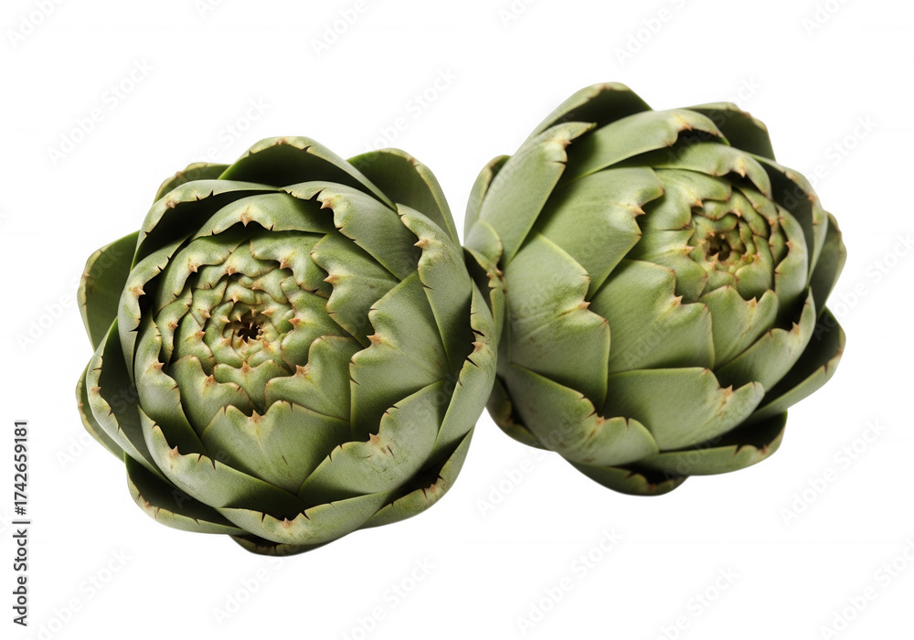 Obraz premium Two green artichokes isolated on a transparent background