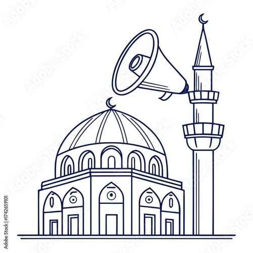 Mosque with minaret and loudspeaker illustration